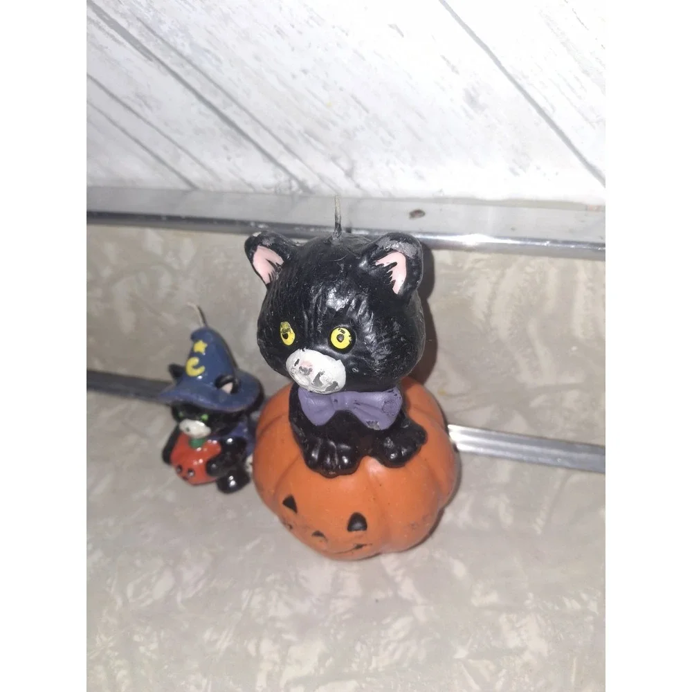 Vintage Halloween Candle Lot Of 2 Black Cat Spooky Scary Witch Hat Decoration
